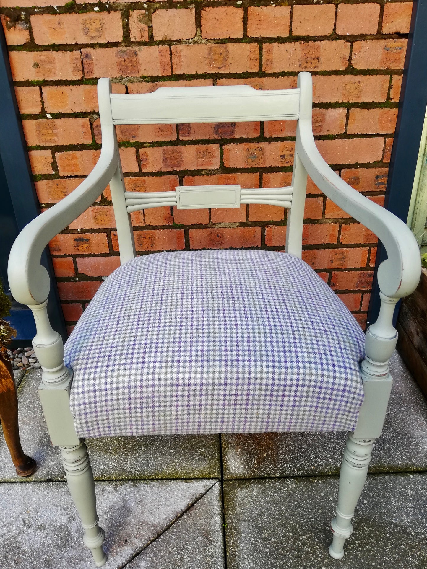 Vintage carver chair painted in Lichen and upholstered in beautiful moon fabric