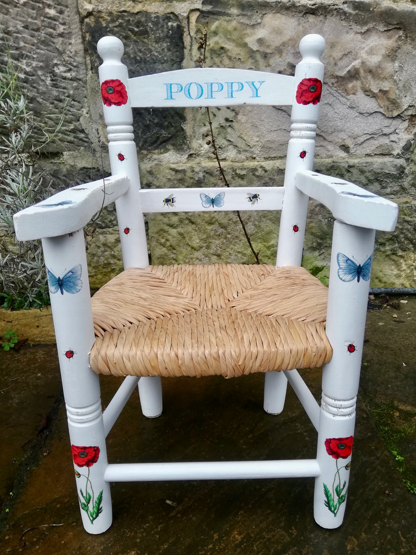 Commission for Emma personalised children's chair with poppy daisy bees and butterfly theme