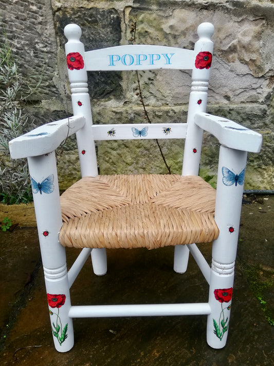 Rush seat personalised children's chair - Poppy Field Theme - made to order