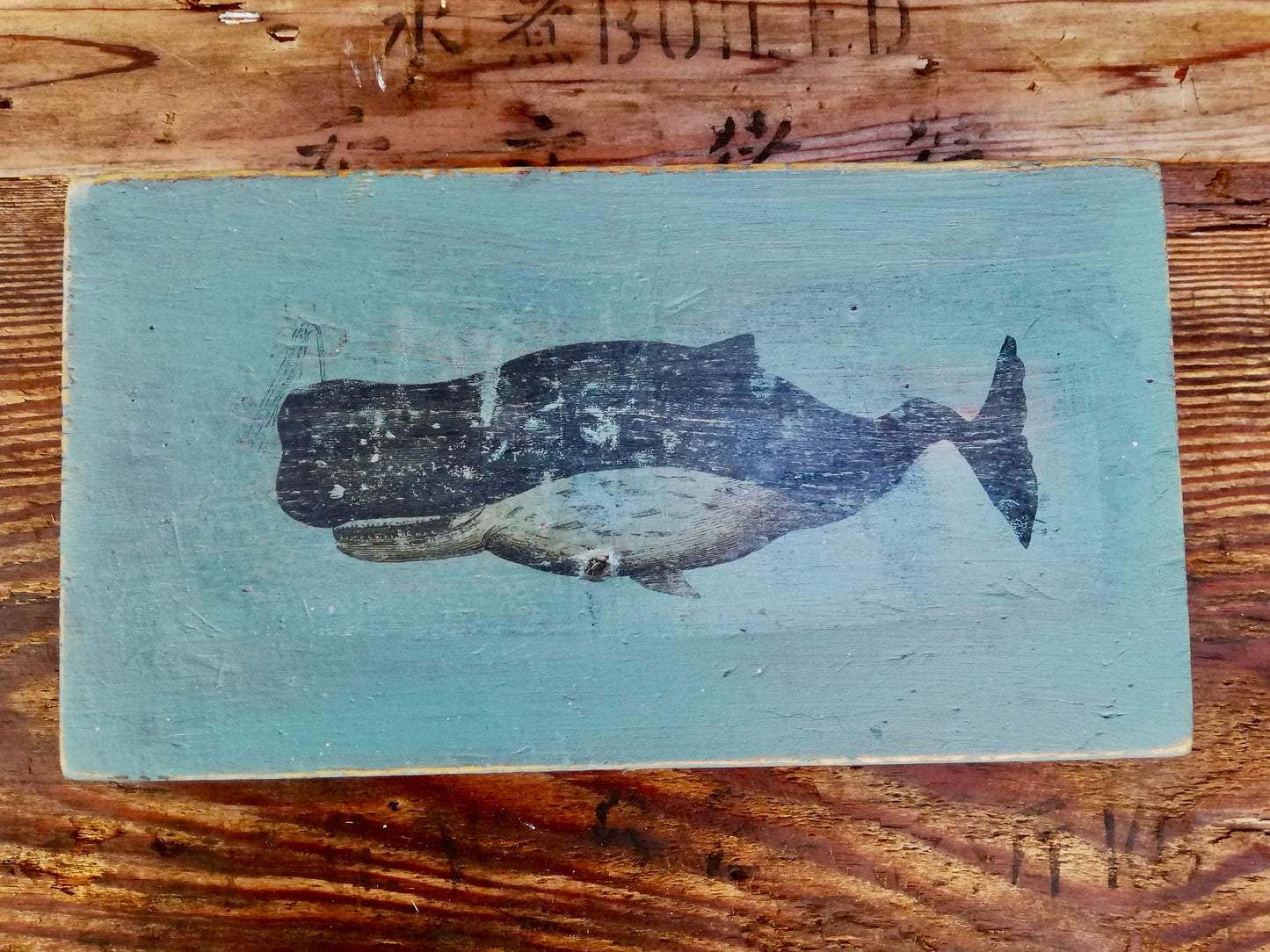 Vintage wooden box with whale design