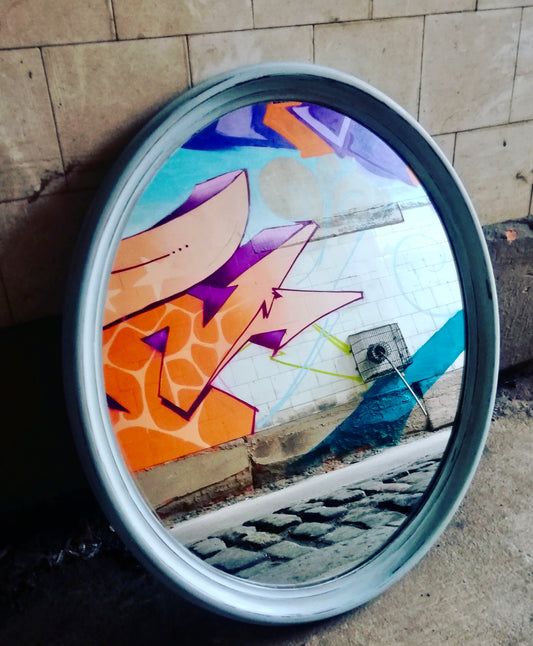 Vintage oval mirror painted in Annie Sloan Svenska Blue