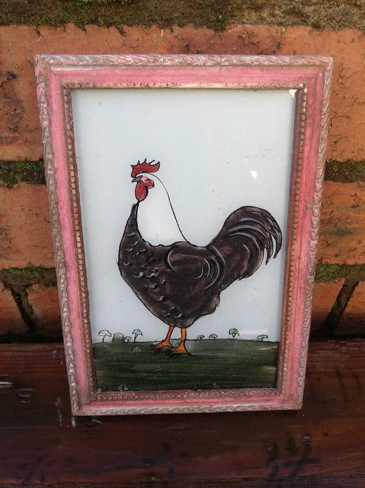 Vintage glass painting of a rooster in a beautiful original frame