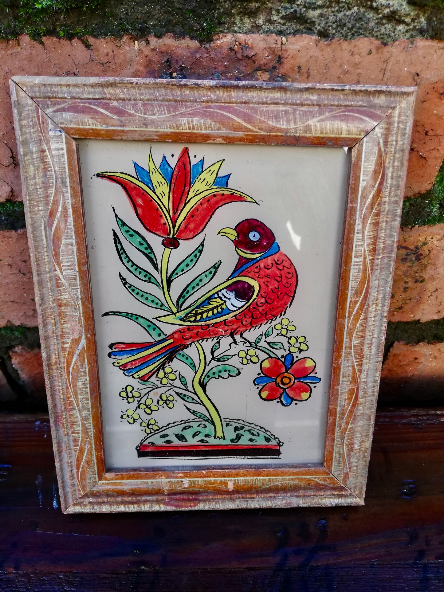 Vintage glass painting of a bird in a beautiful original frame