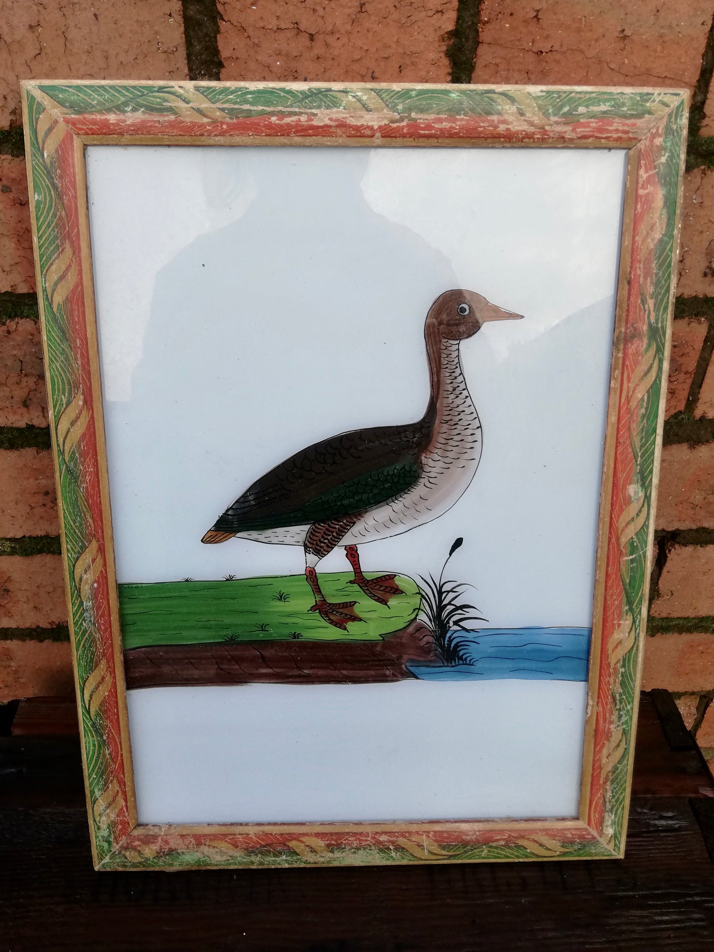Vintage glass painting of a Wild Goose in a beautiful original frame