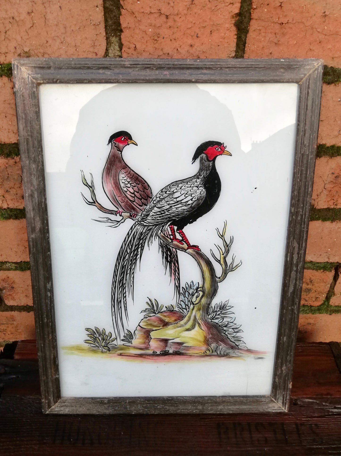 Vintage glass painting of Pheasants in a beautiful original frame