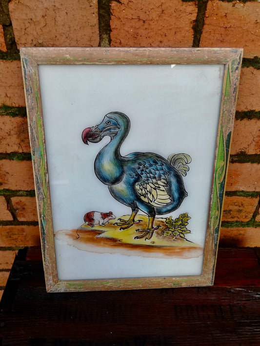 Vintage glass painting of a Dodo in a beautiful original frame