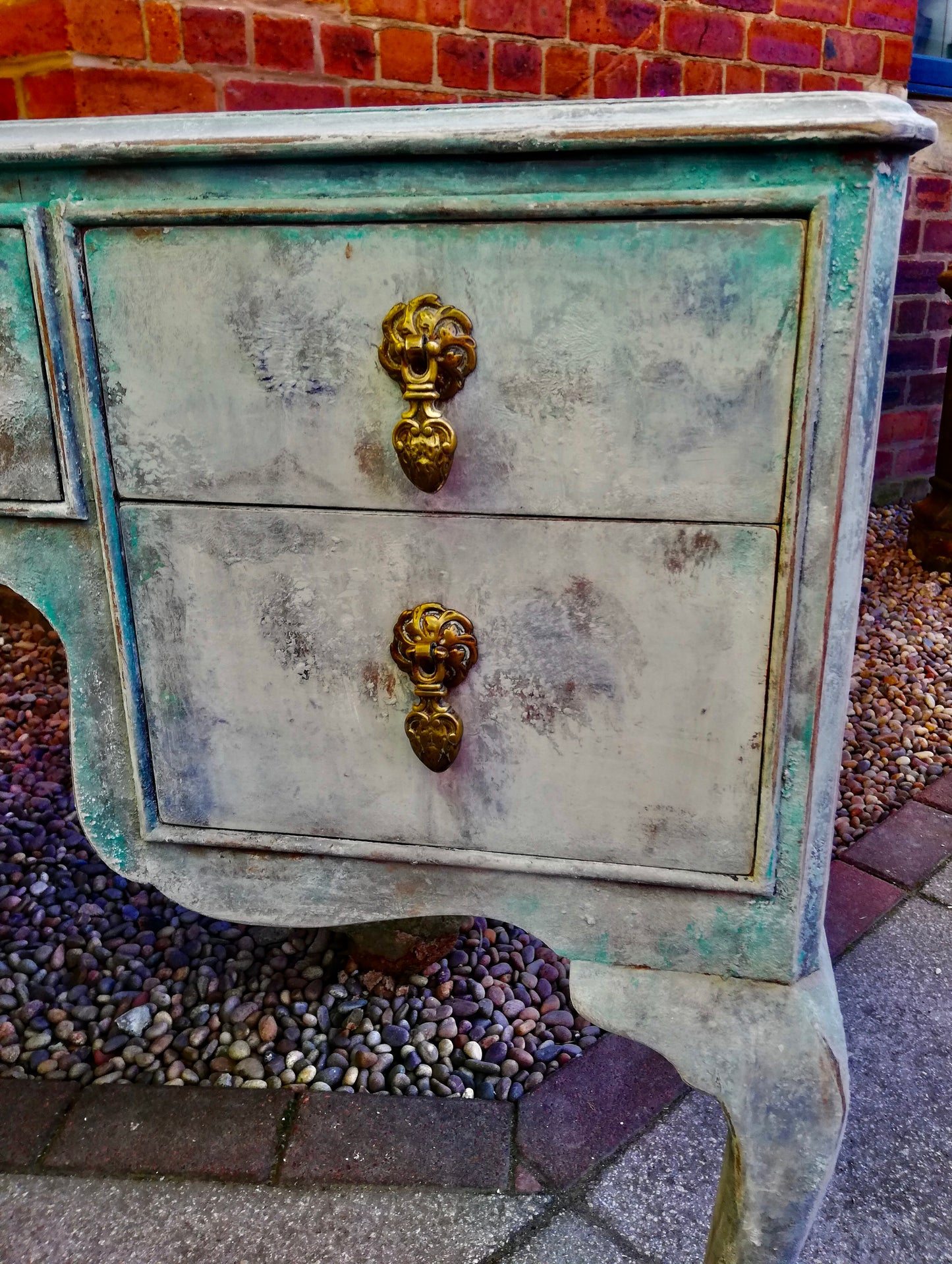 Vintage dressing table / desk painted in layers of beautiful Patina in grey, taupe and Florence By Annie Sloan