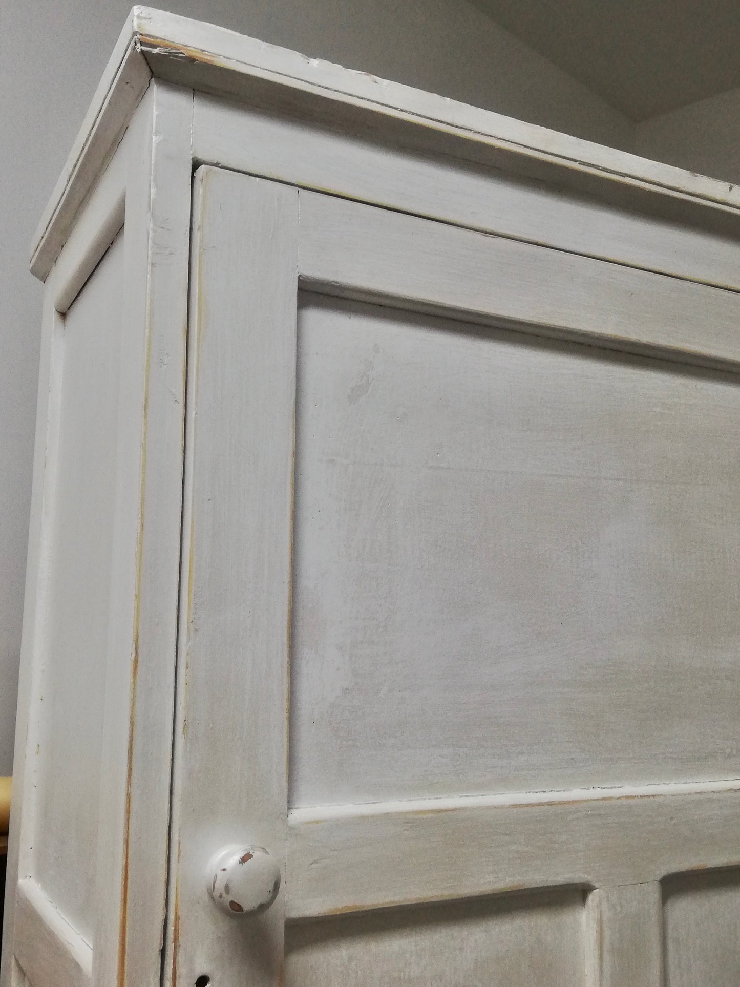 Vintage pantry cupboard painted in casement white and pearl metallic