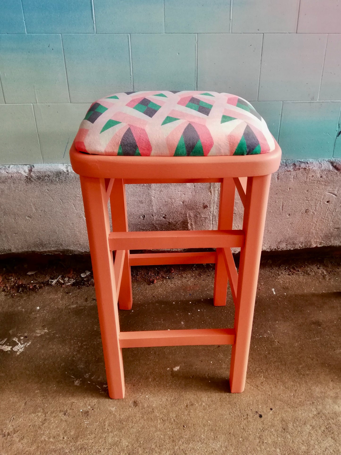 4 vintage stools all painted and reupholstered in beautiful geometric velvet