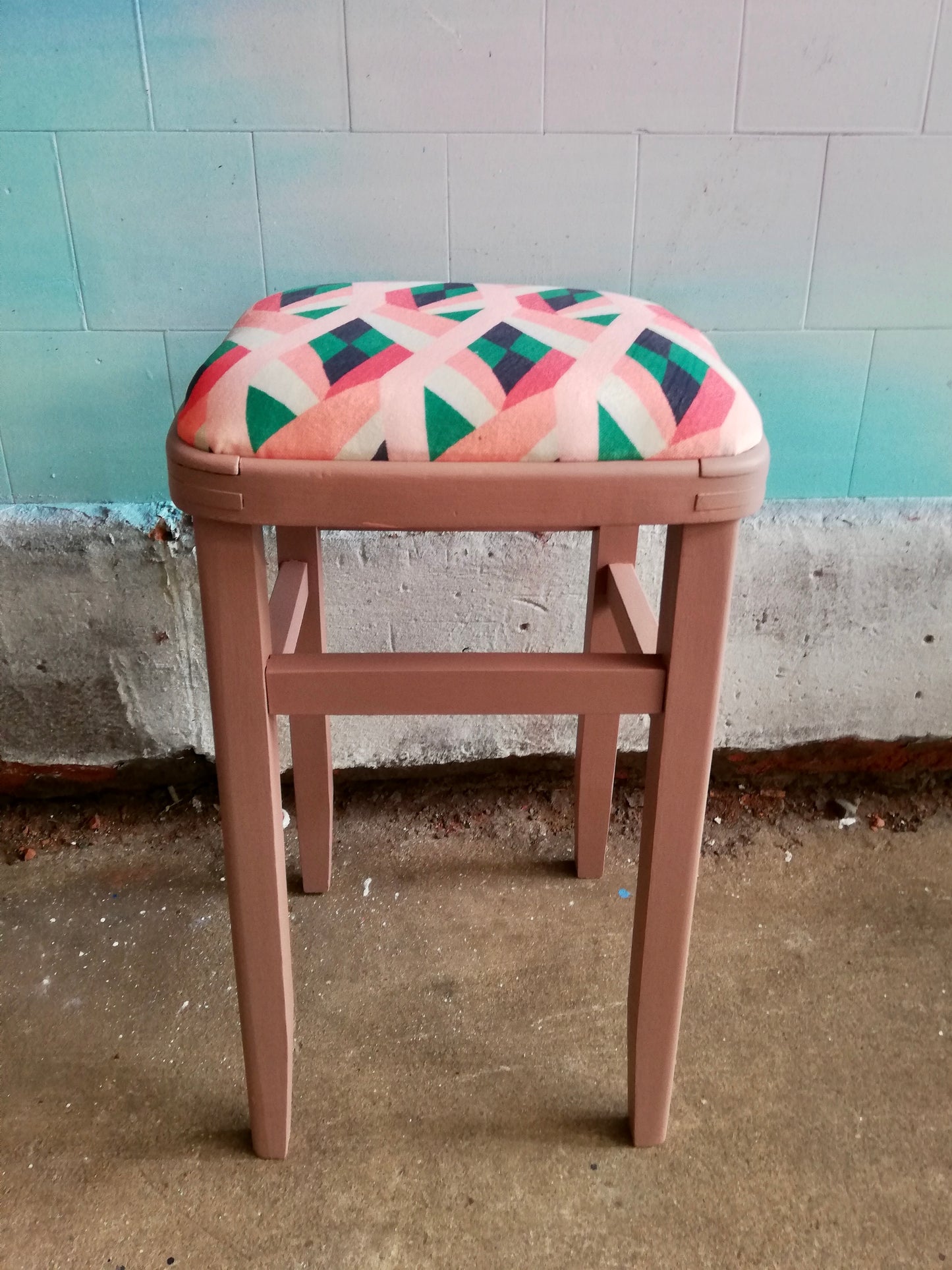 4 vintage stools all painted and reupholstered in beautiful geometric velvet