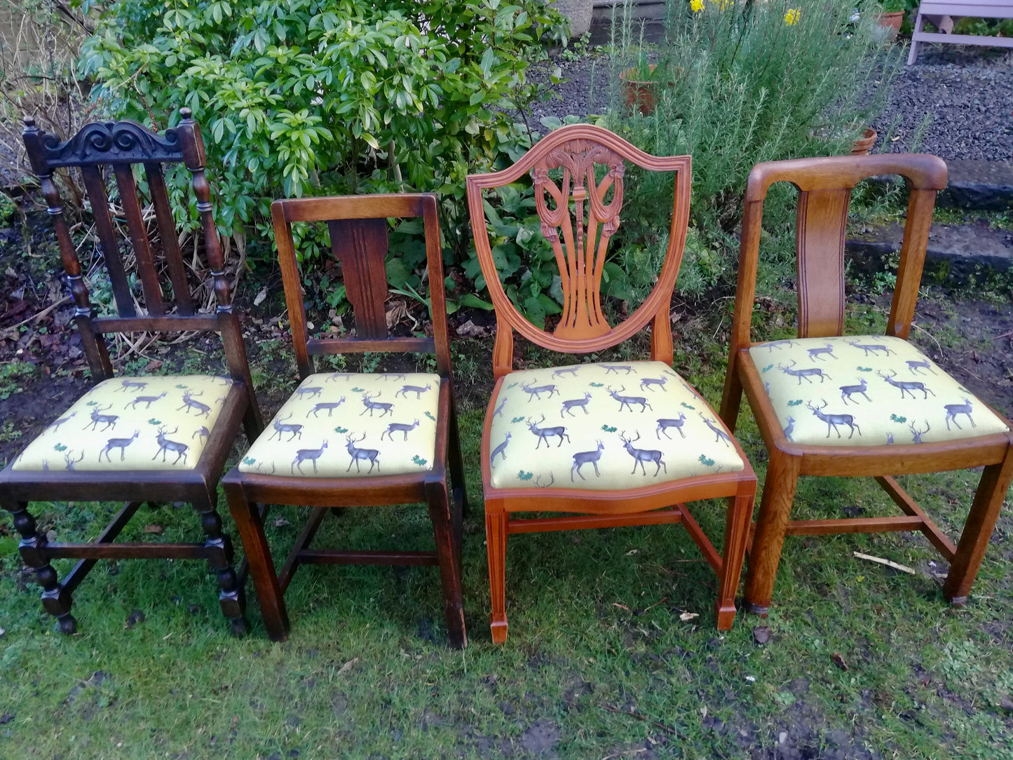 Upholstered mismatched vintage dining chairs