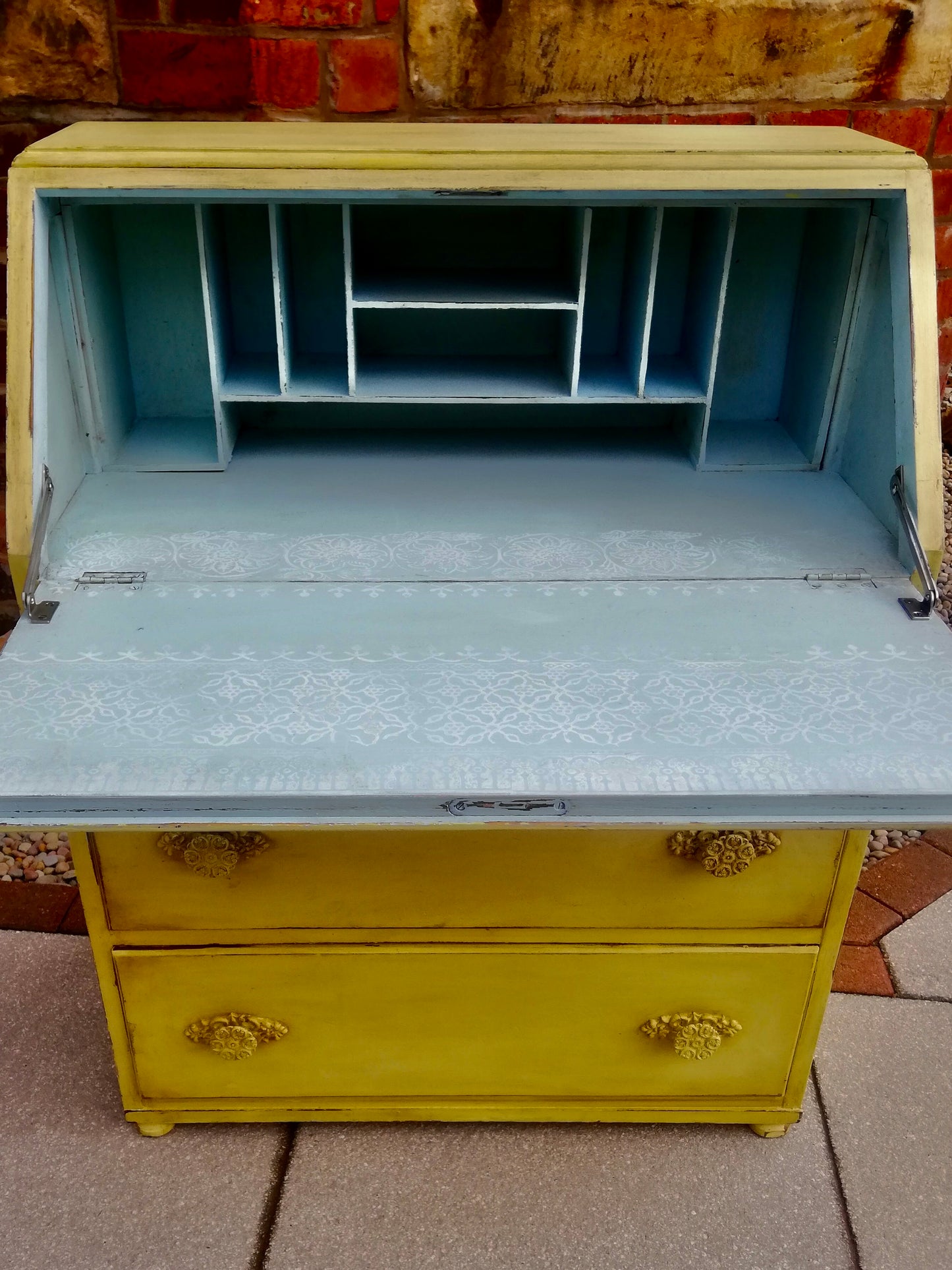 Vintage writing bureau painted in soft creamy yellow and antique waxed to finish