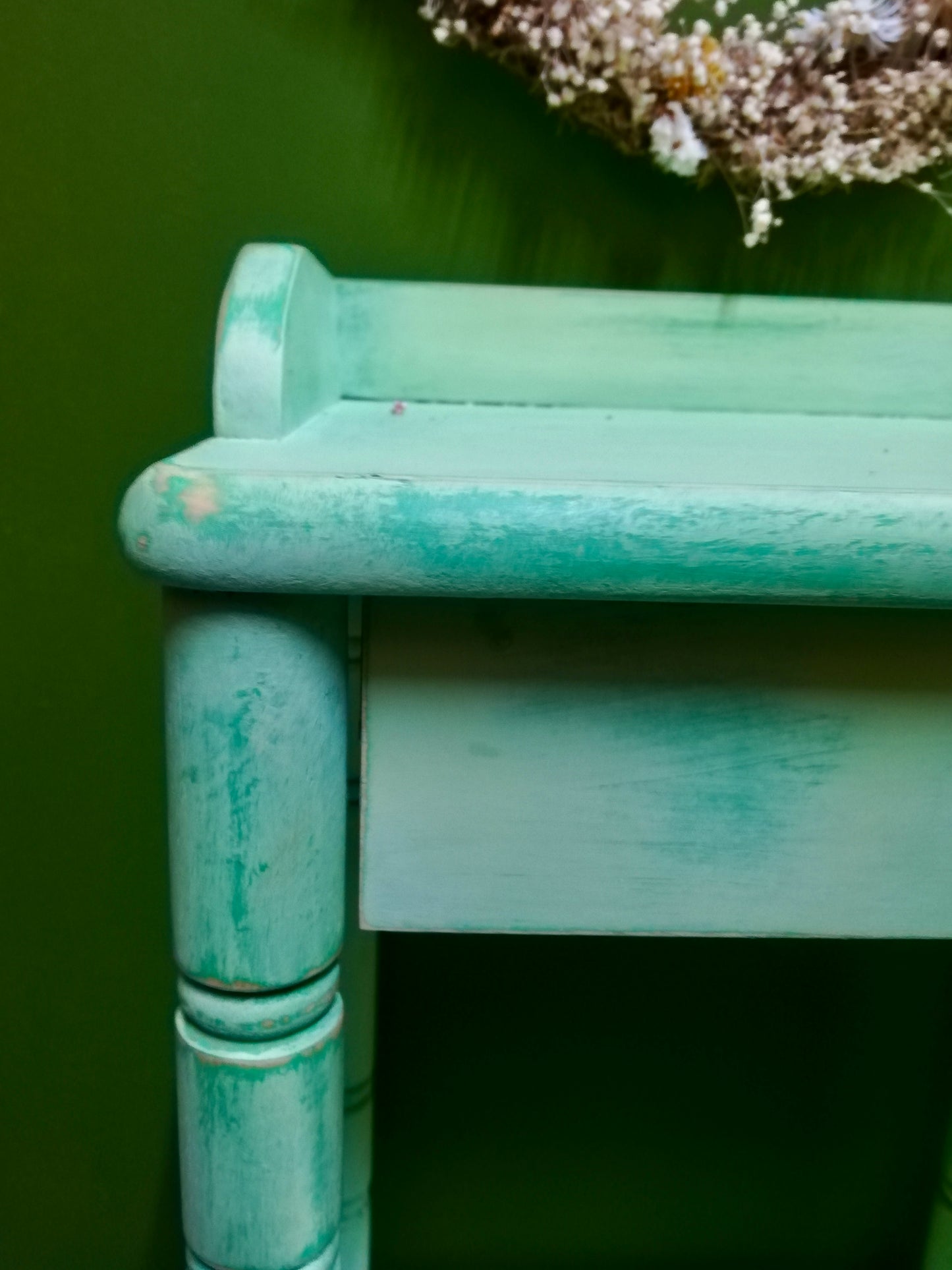 Cute little bedside cabinet painted in layers of antibes and lem lem