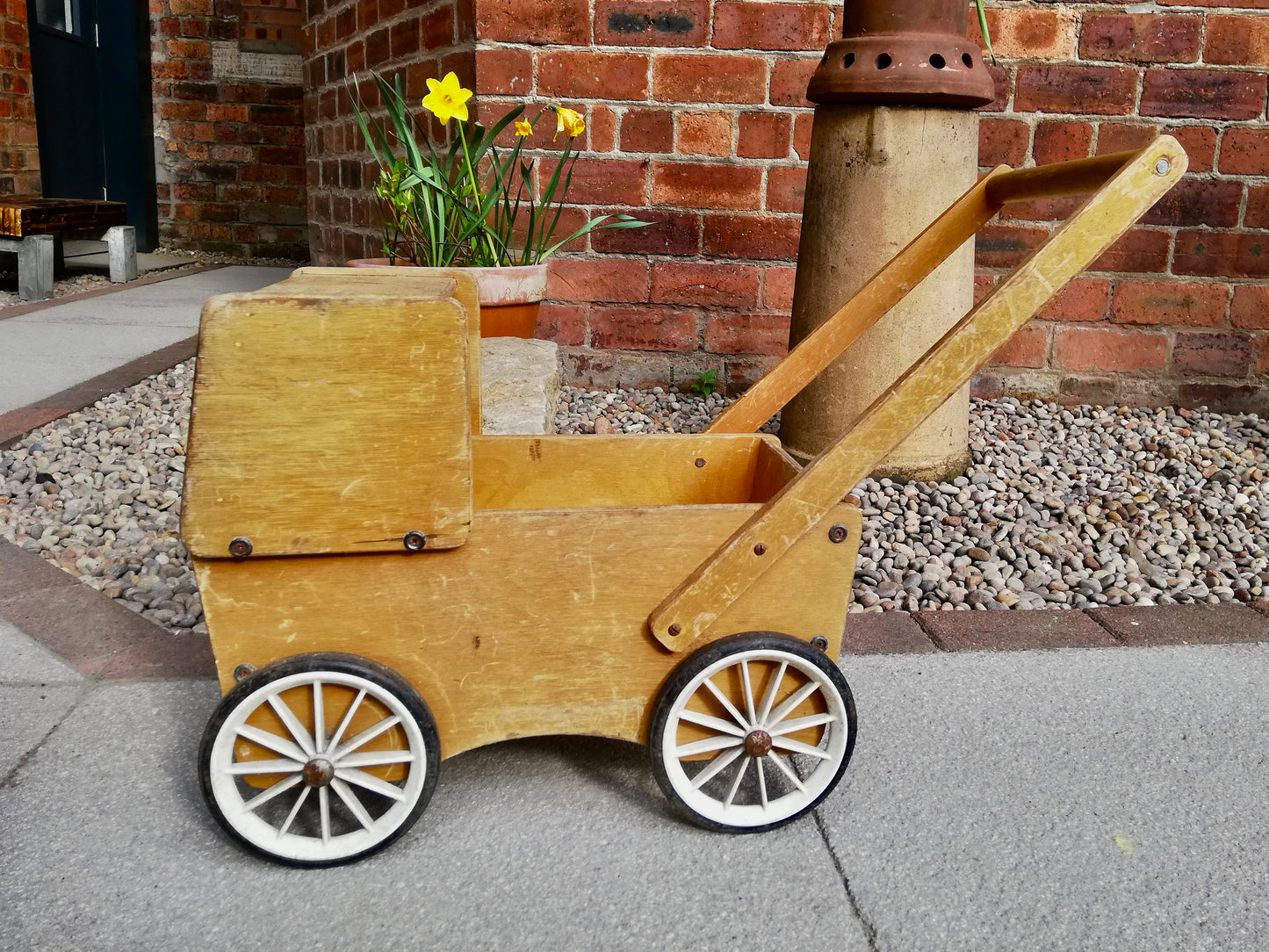 Children's vintage wooden toy pram available for painting and personalisation