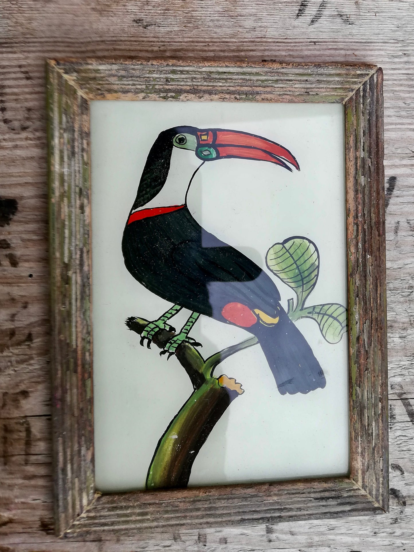 Vintage glass painting of a Toucan in a beautiful original frame