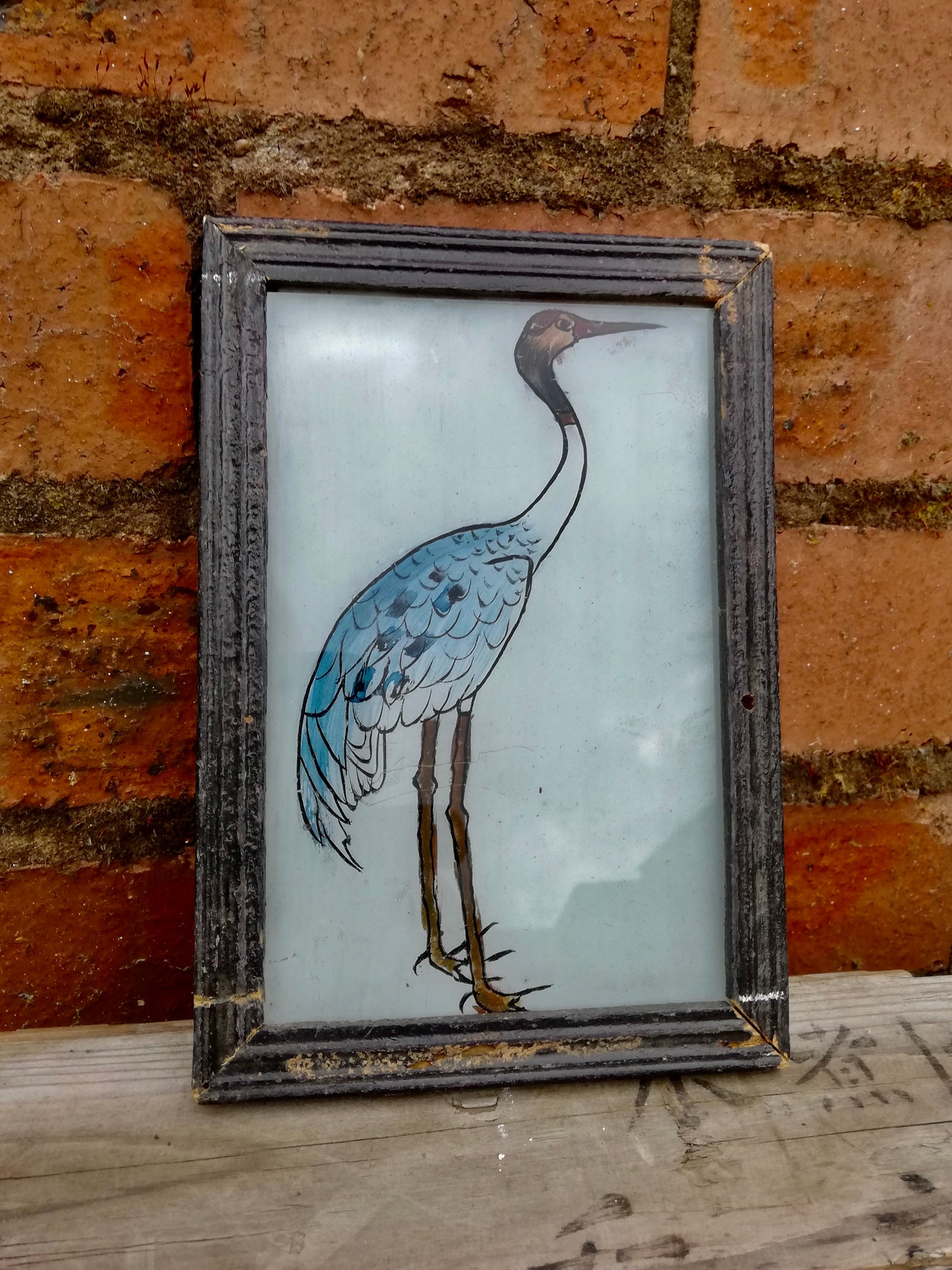 Vintage glass painting of a heron in a beautiful original frame