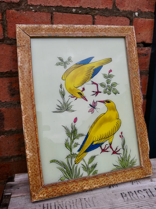 Large Vintage glass painting of yellow birds in a beautiful original frame