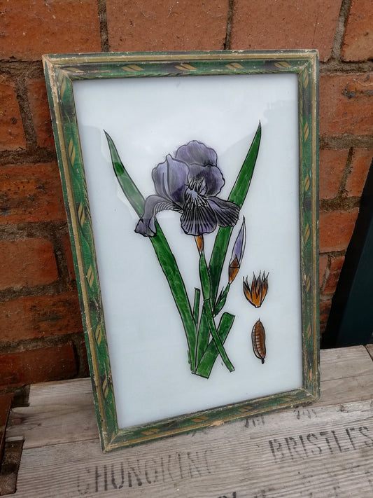 Large Vintage glass painting of an Iris in a beautiful original frame