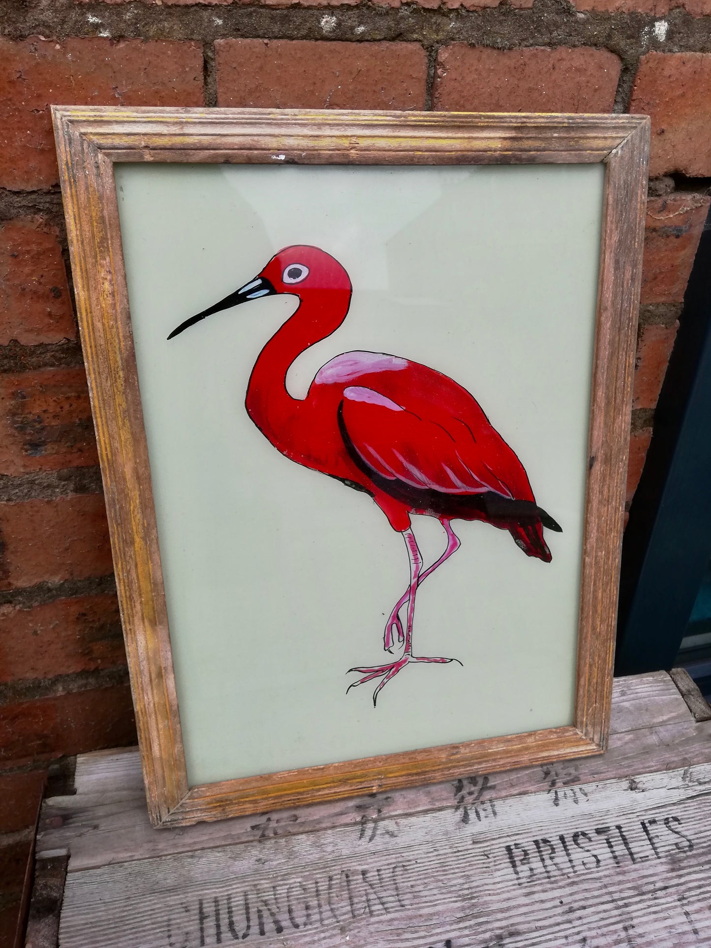Large Vintage glass painting of a Flamingo in a beautiful original frame
