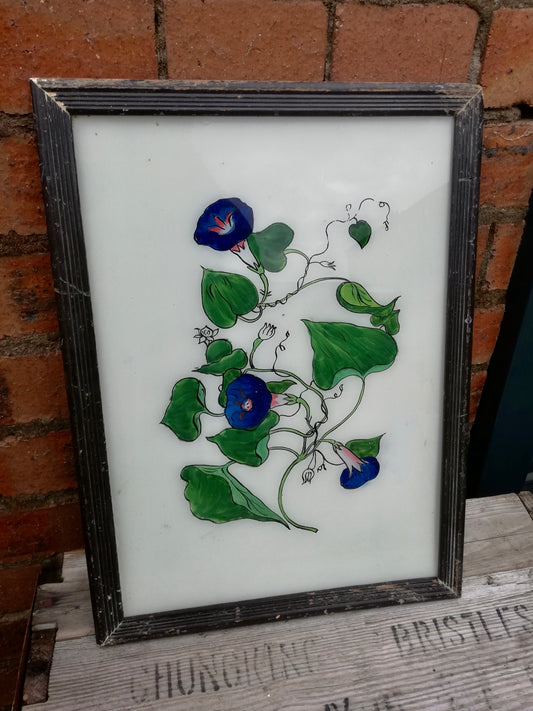 Large Vintage glass painting of a botanical flower in a beautiful original frame