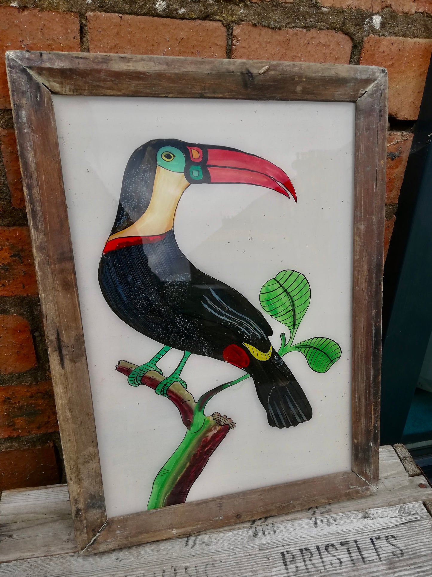 Large Vintage glass painting of a Toucan in a beautiful original frame
