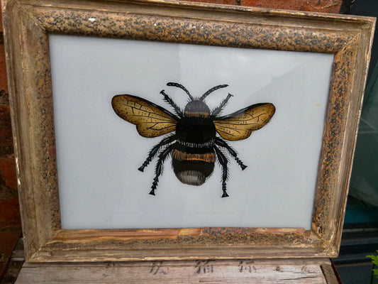 Large Vintage glass painting of a Bee in a beautiful original frame