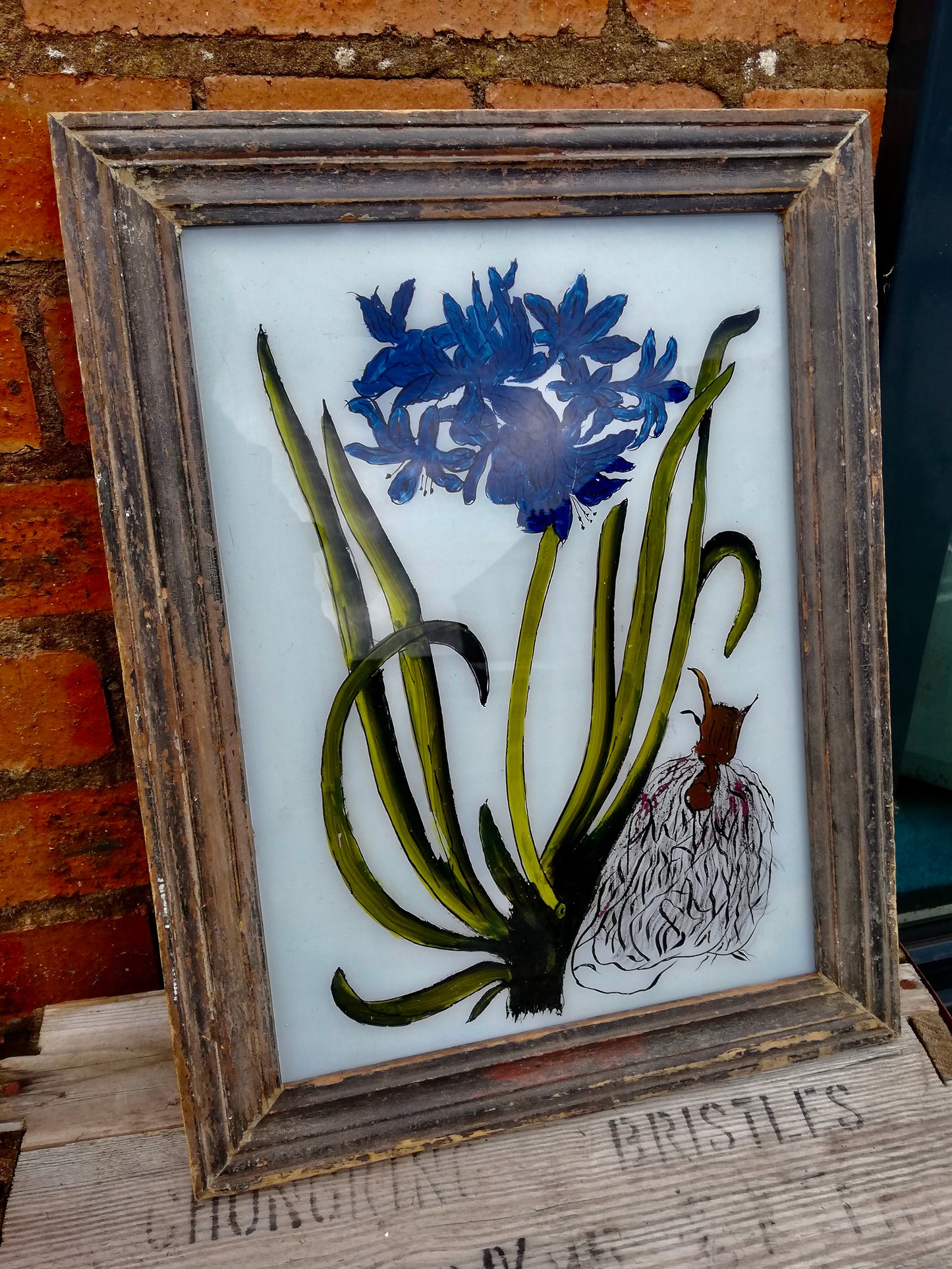 Large Vintage glass painting of a botanical flower in a beautiful original frame