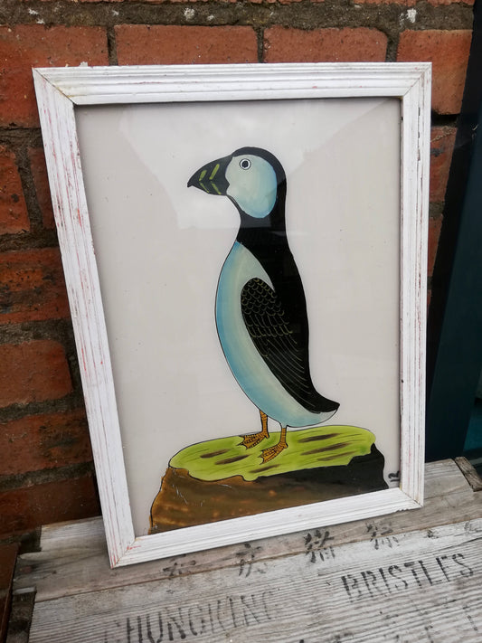 Large Vintage glass painting of a puffin in a beautiful original frame