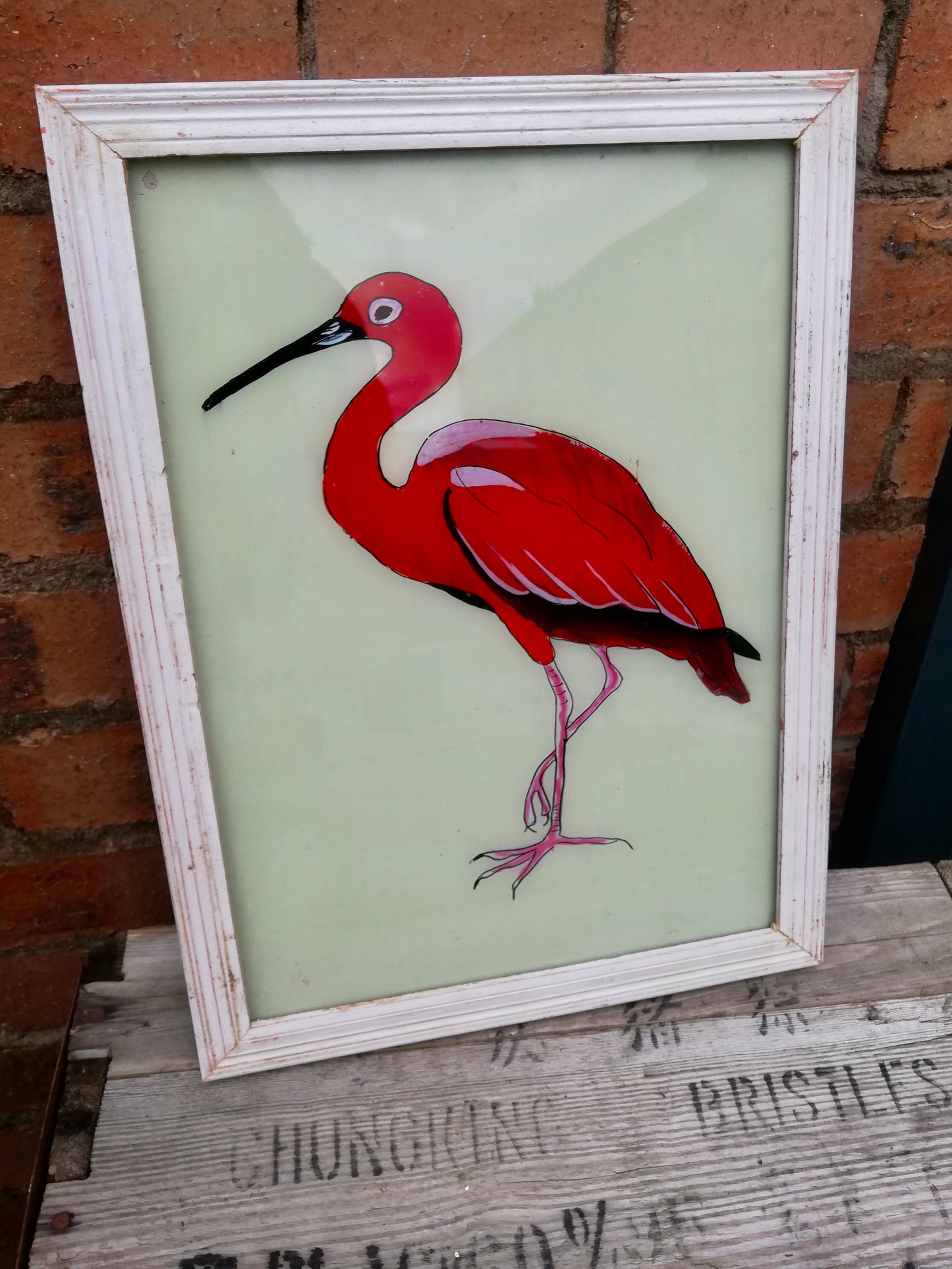 Large Vintage glass painting of a Flamingo in a beautiful original pink frame