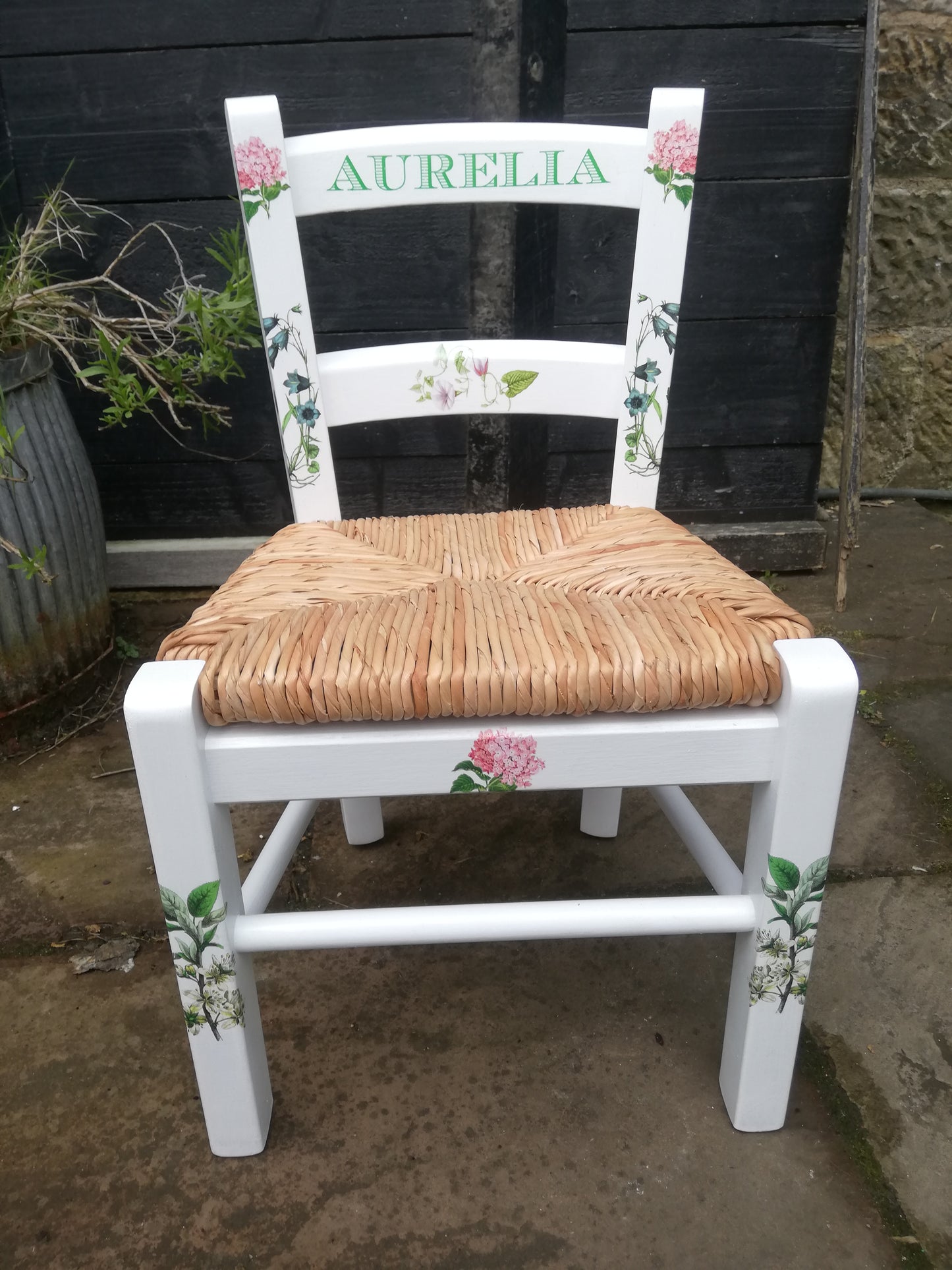 Rush seat personalised children's chair - Sweet Flowers theme - made to order