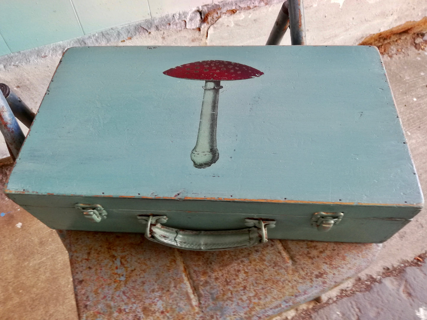 Vintage wooden mini suitcase with Fly Agaric Mushroom Design