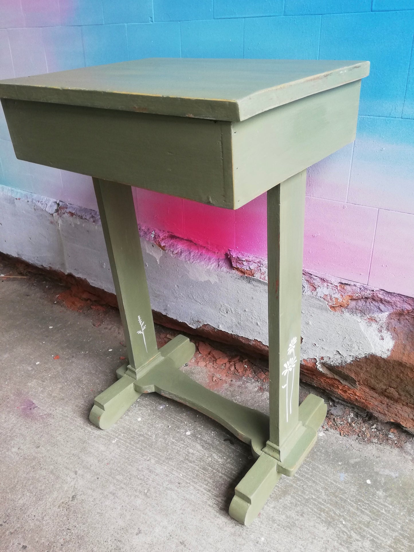 Vintage Wooden Plant Stand  / side table painted in olive