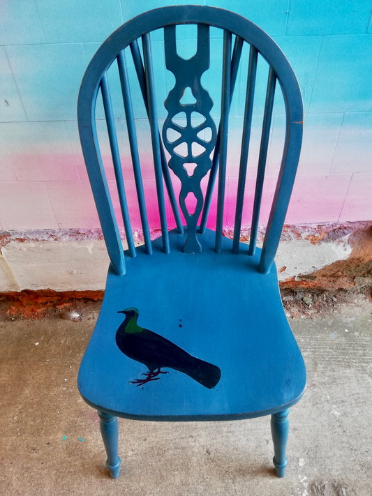 Painted blue vintage dining chair with bird design