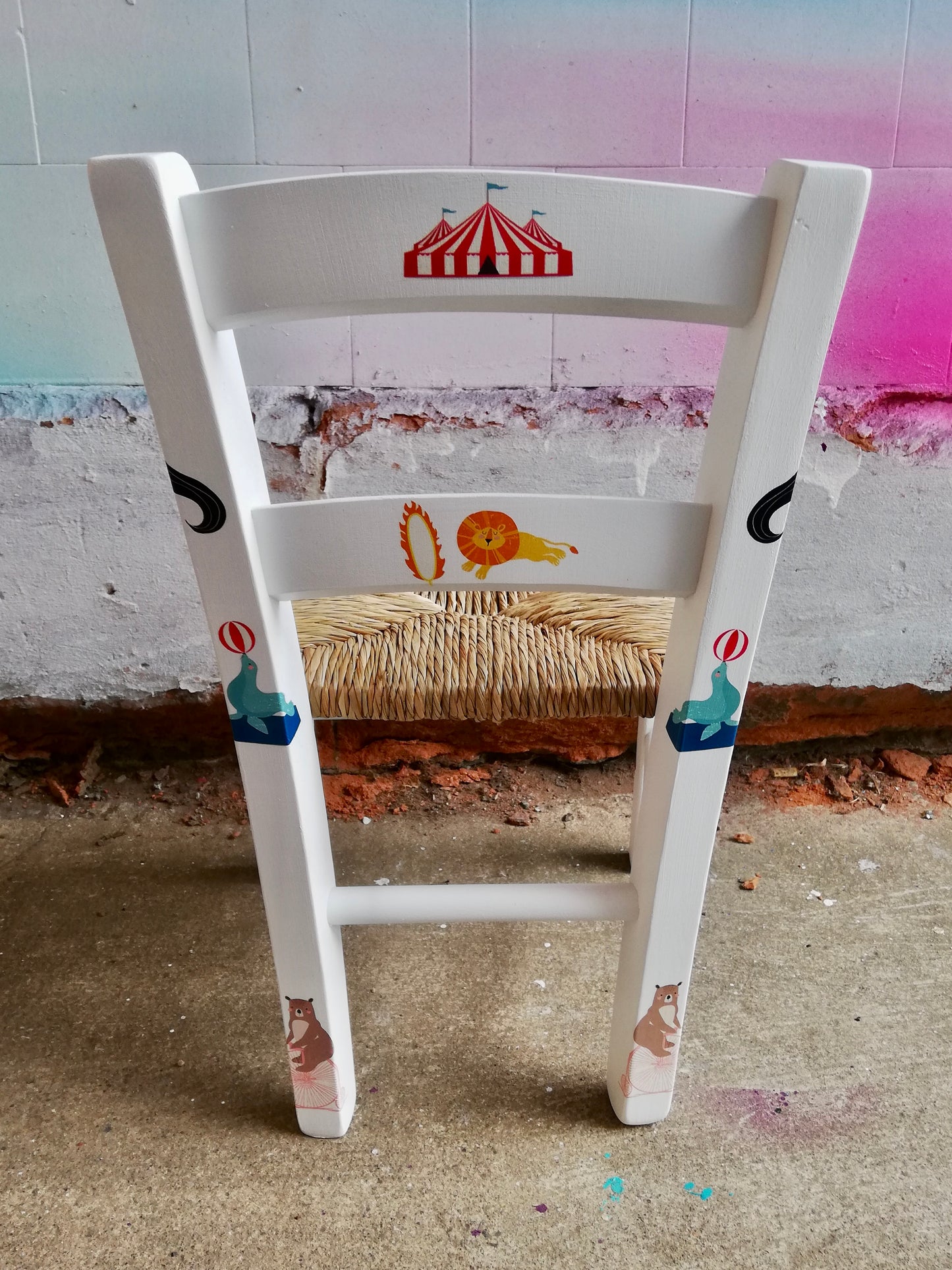 Rush seat personalised children's chair - French Circus theme - made to order