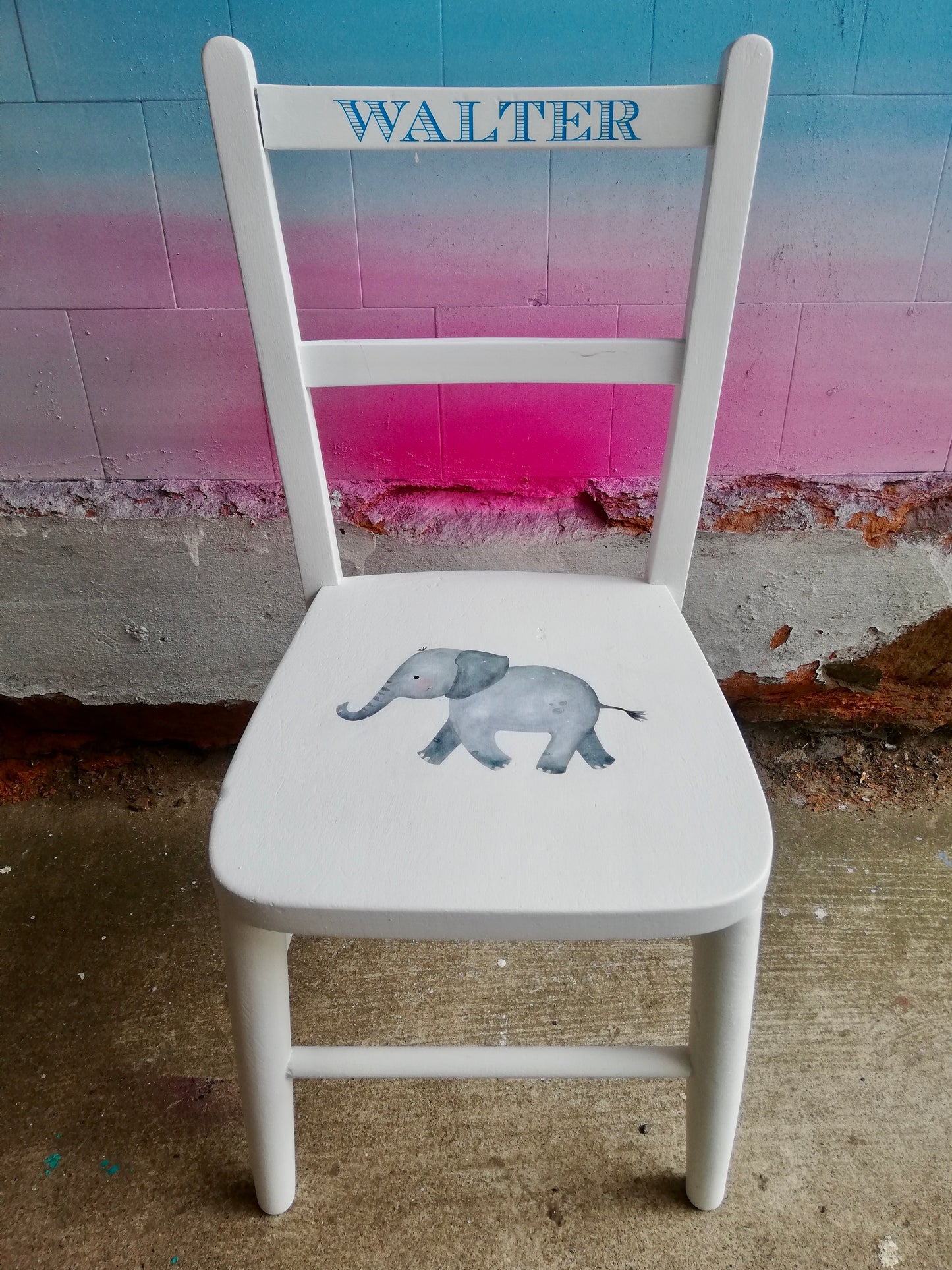 Children's personalised wooden nursery school chair with elephant theme and your child's name