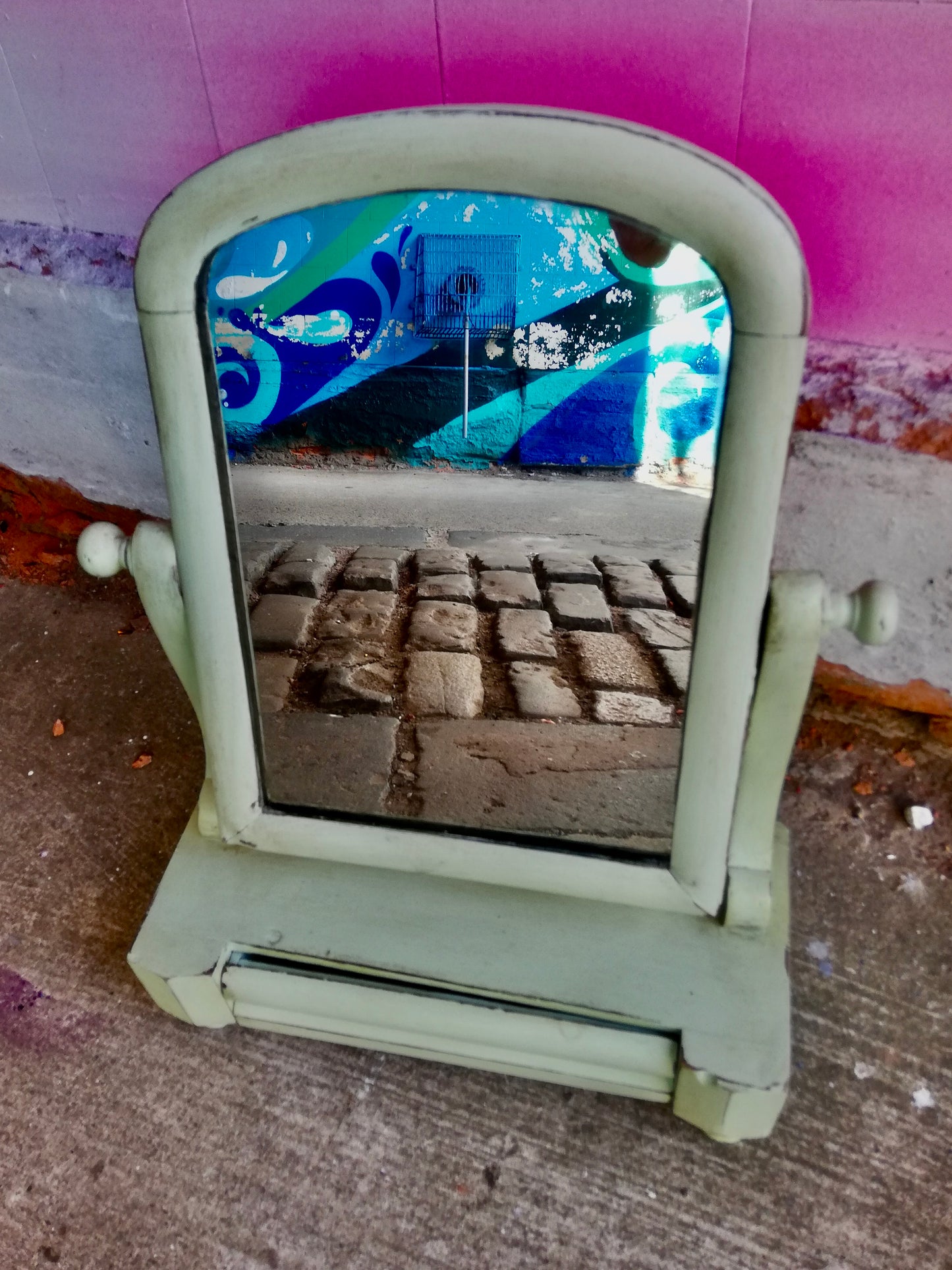 Vintage painted green dressing table mirror