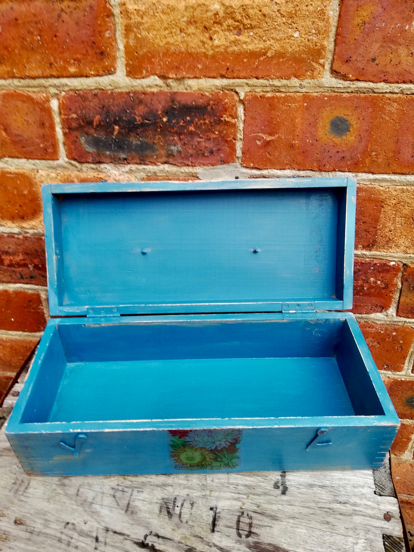 Vintage wooden lidded tool box painted in flow blue milk paint