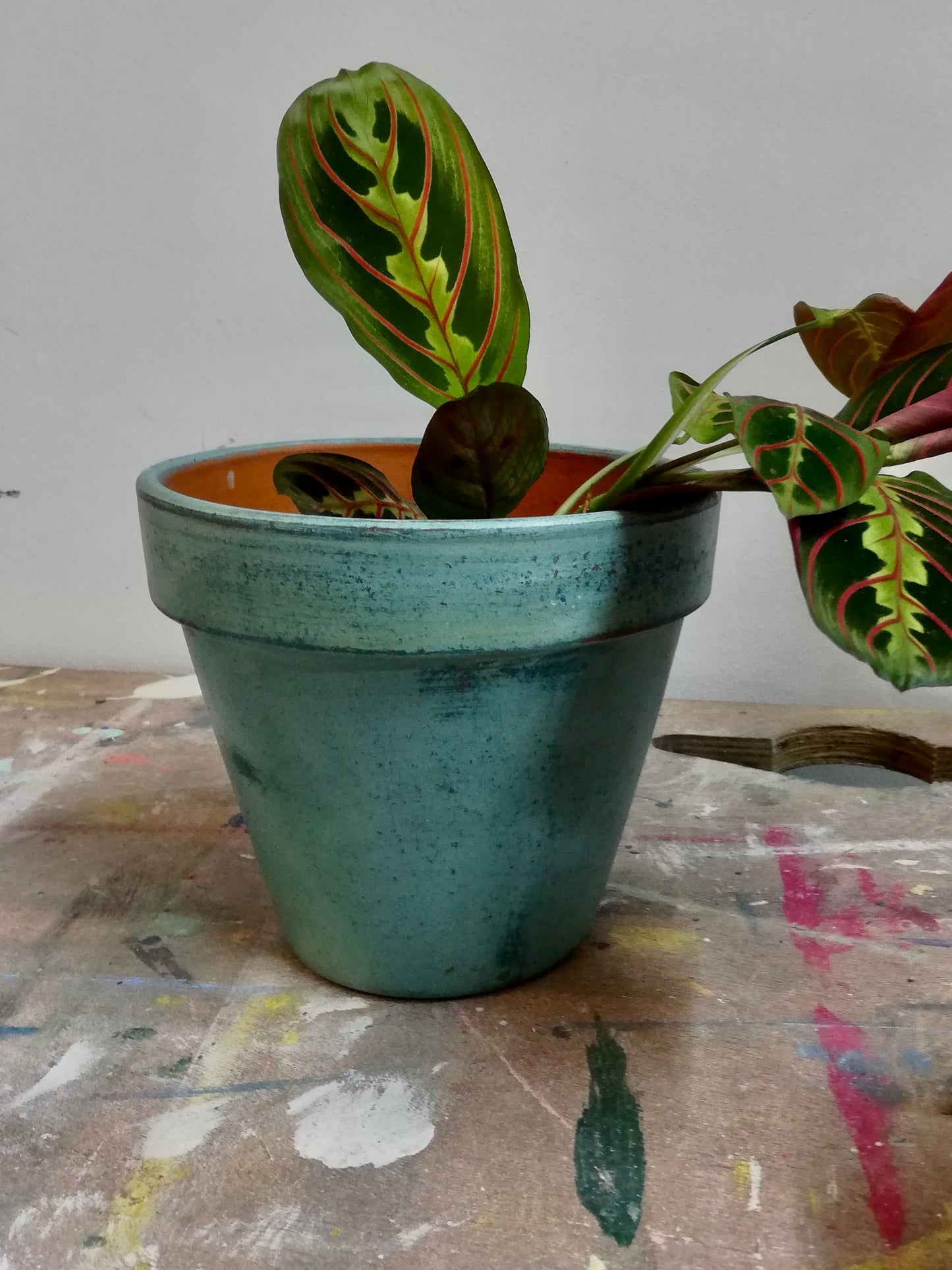 Hand painted terracotta plant pot in pale blues