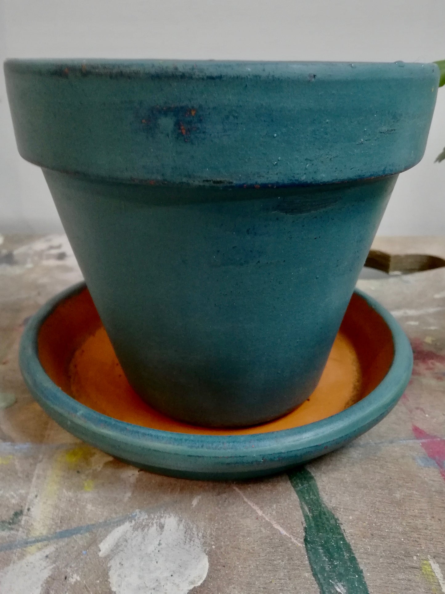 Hand painted terracotta plant pot in  blues with saucer