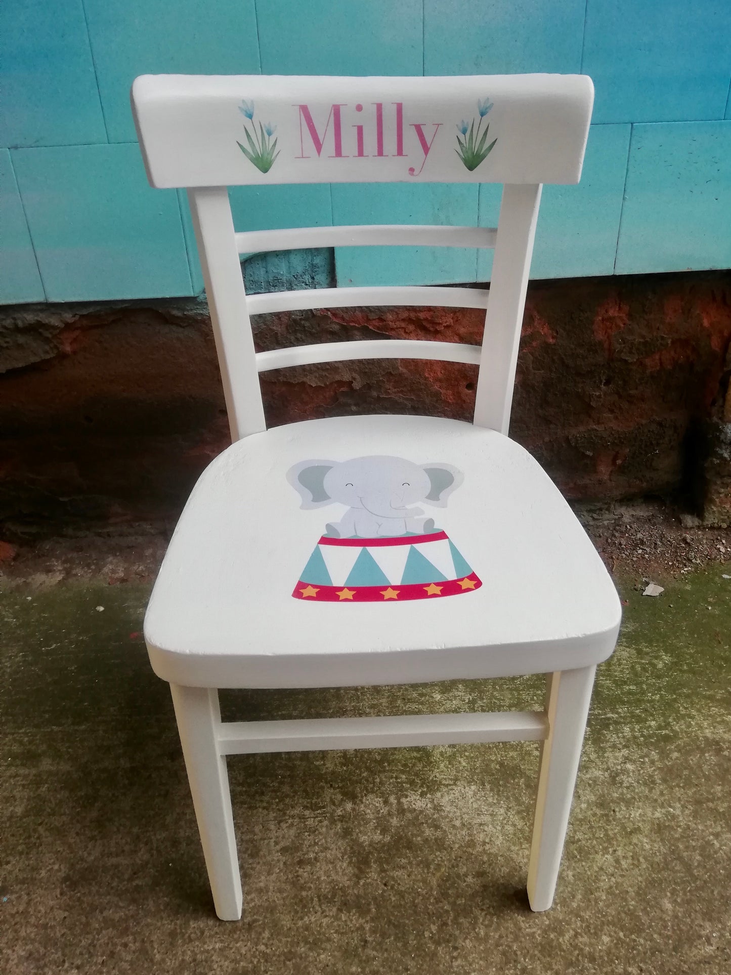 Children's personalised wooden nursery school chair with circus elephant theme and your child's name