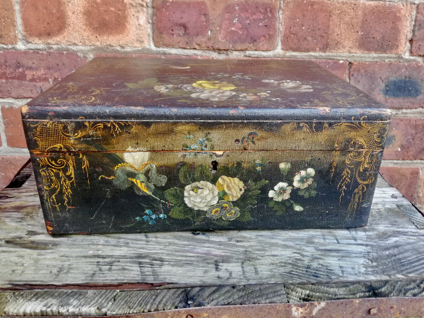 Vintage black hand painted wooden box with birds and flowers