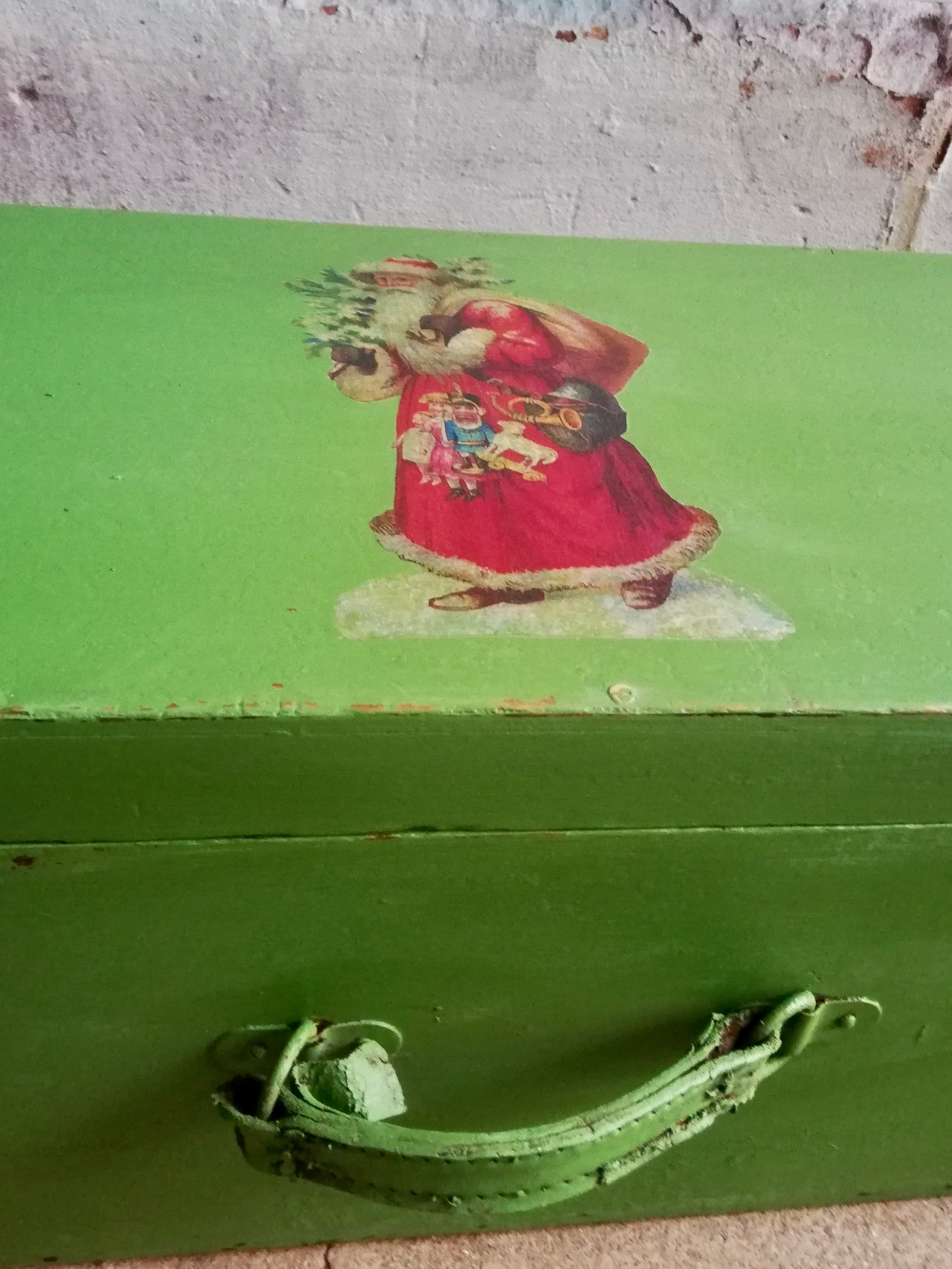 Vintage wooden lidded  Christmas Eve Box painted in green milk paint