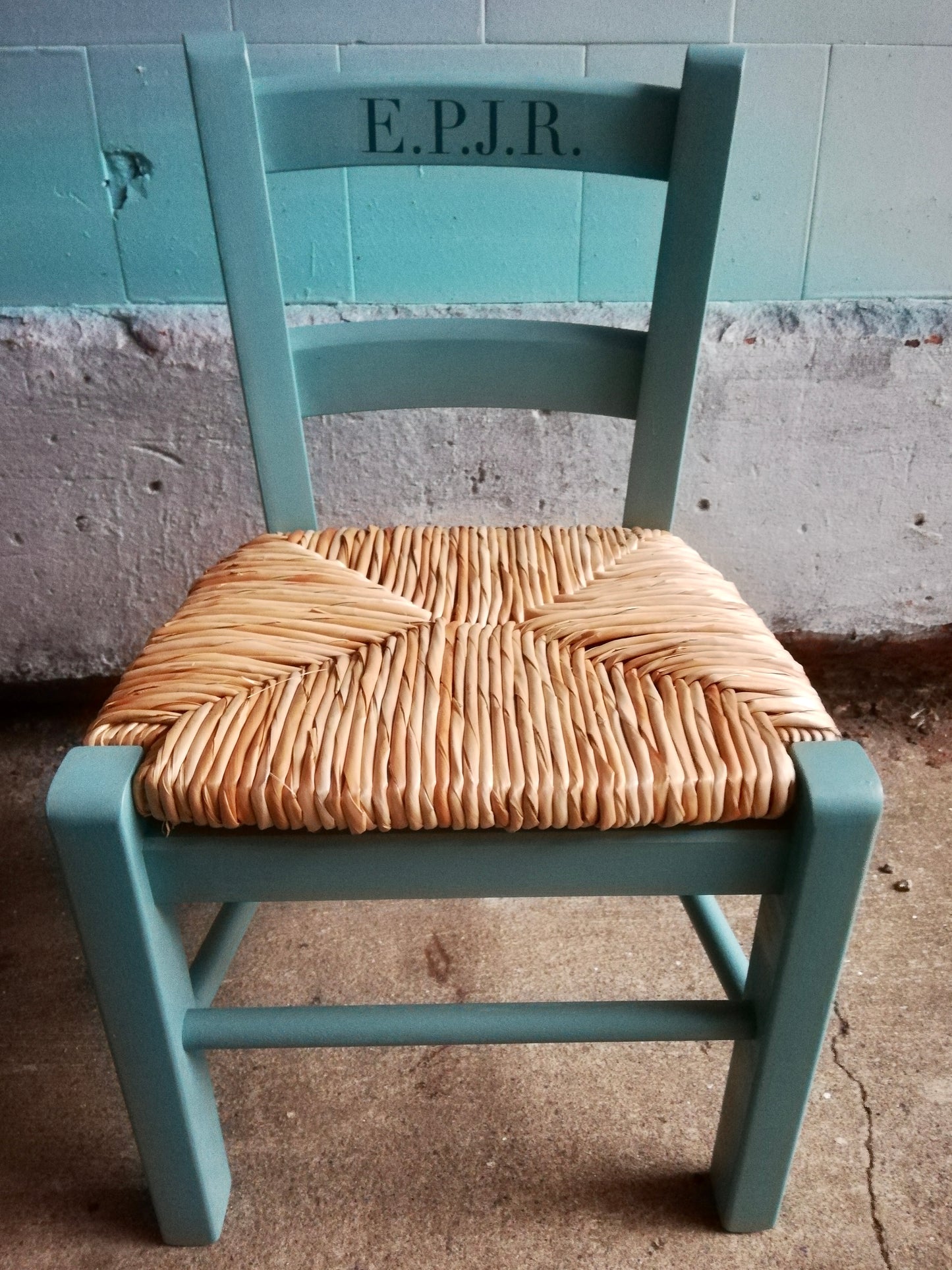 Commission for Storm personalised children's rush seat chair with initials.