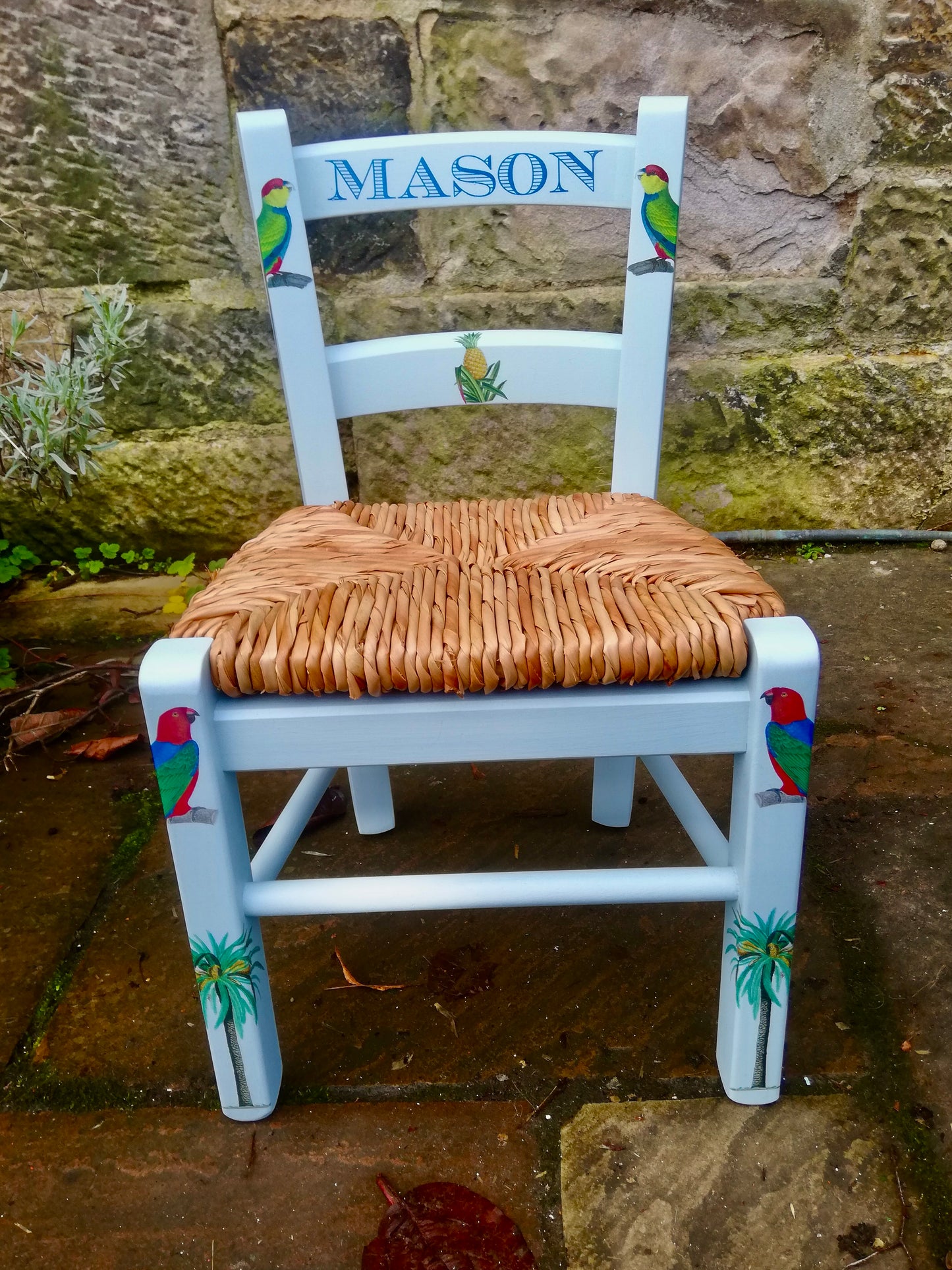 Rush seat personalised children's chair - Tropical theme - made to order
