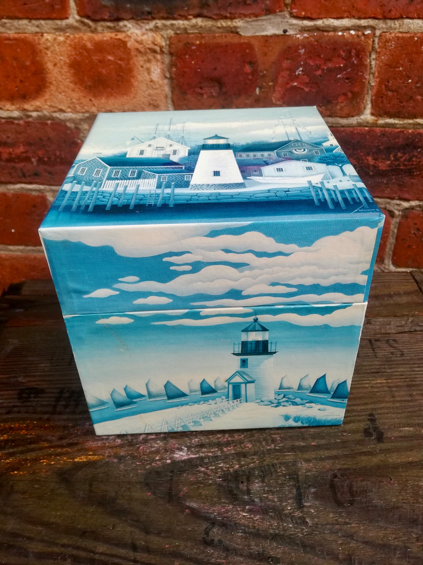 Vintage strong card box with seaside lighthouse theme