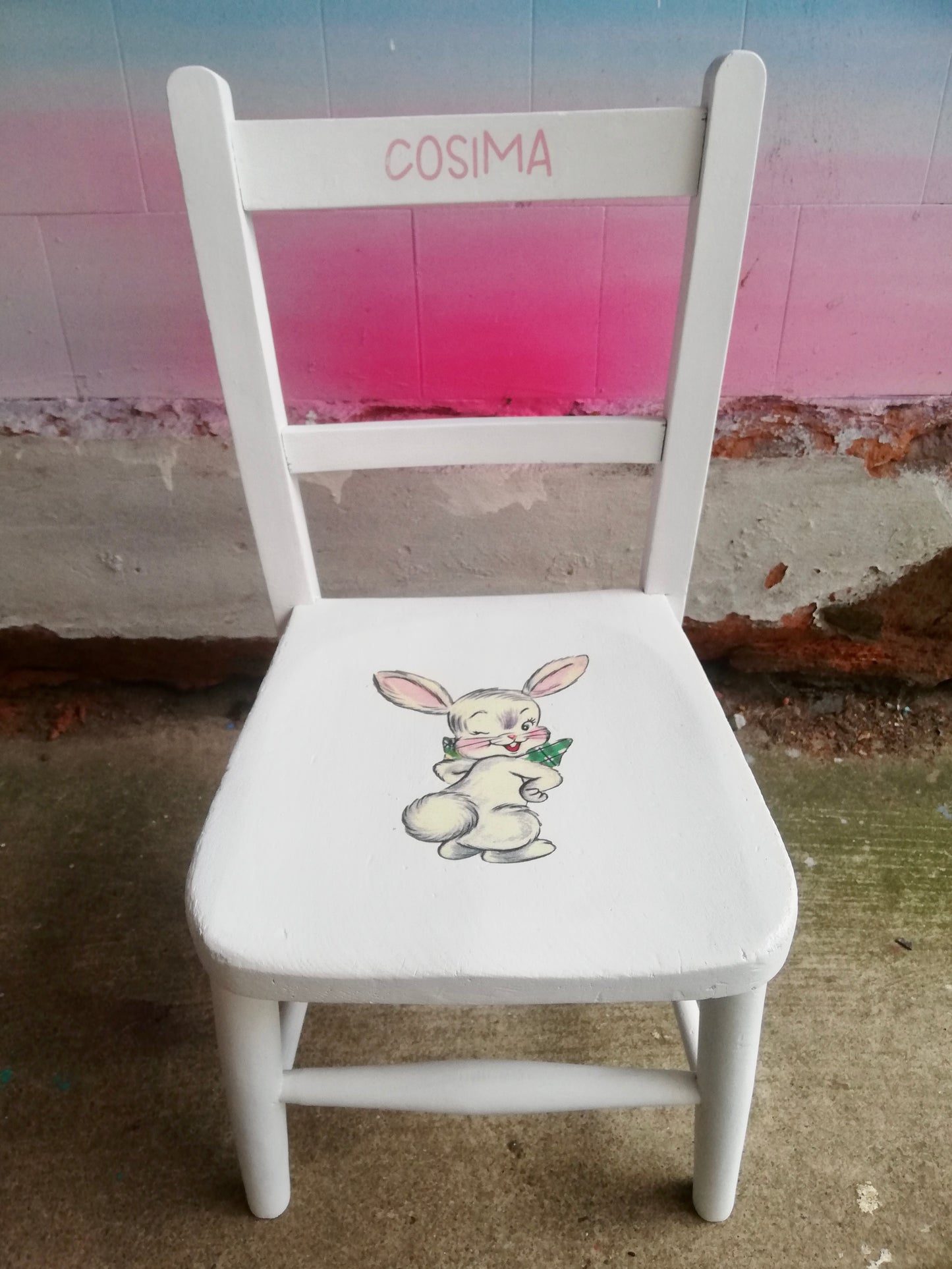 Children's personalised upcycled  wooden school chair - vintage bunny theme