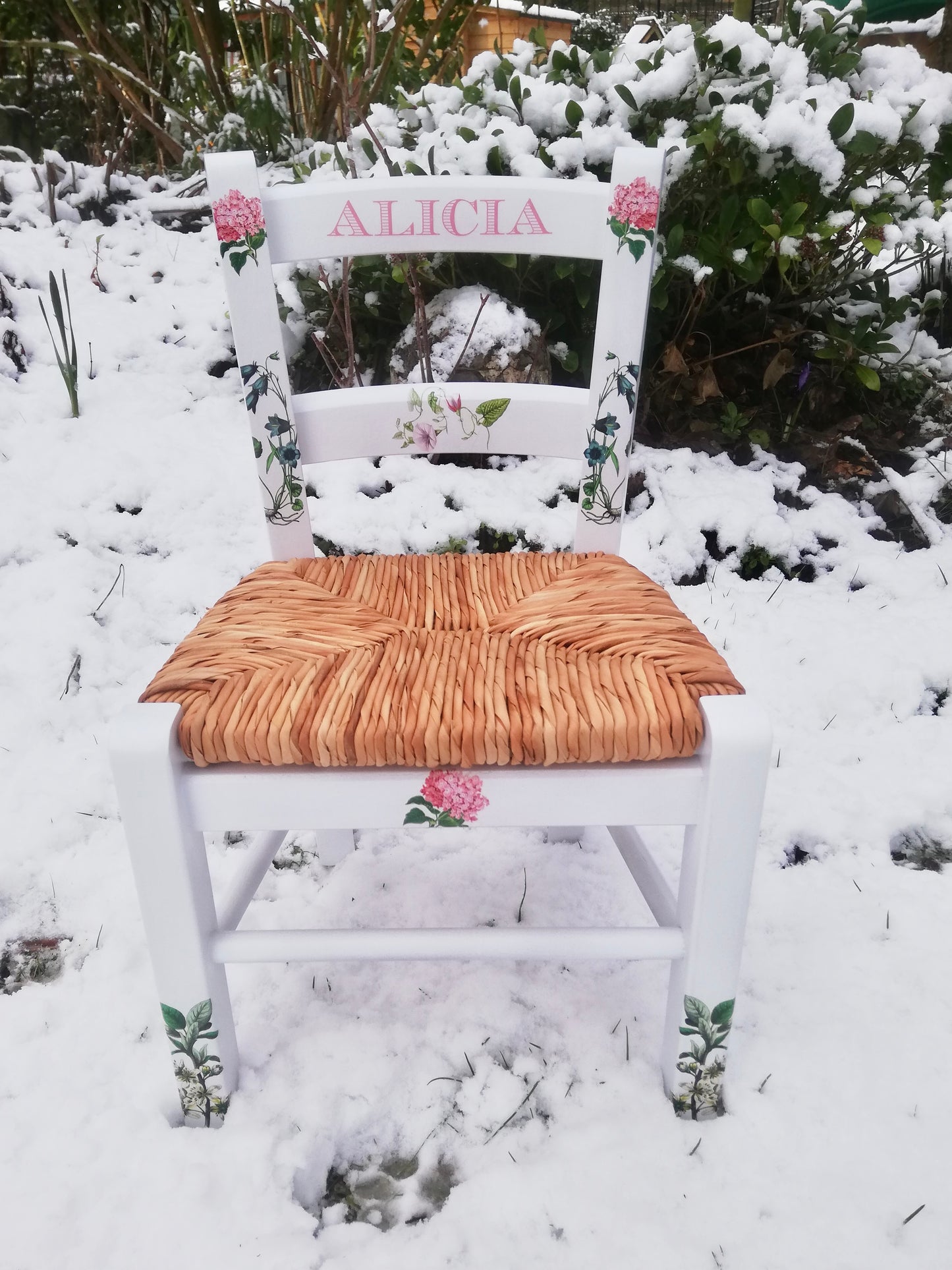 Rush seat personalised children's chair - Sweet Flowers theme - made to order