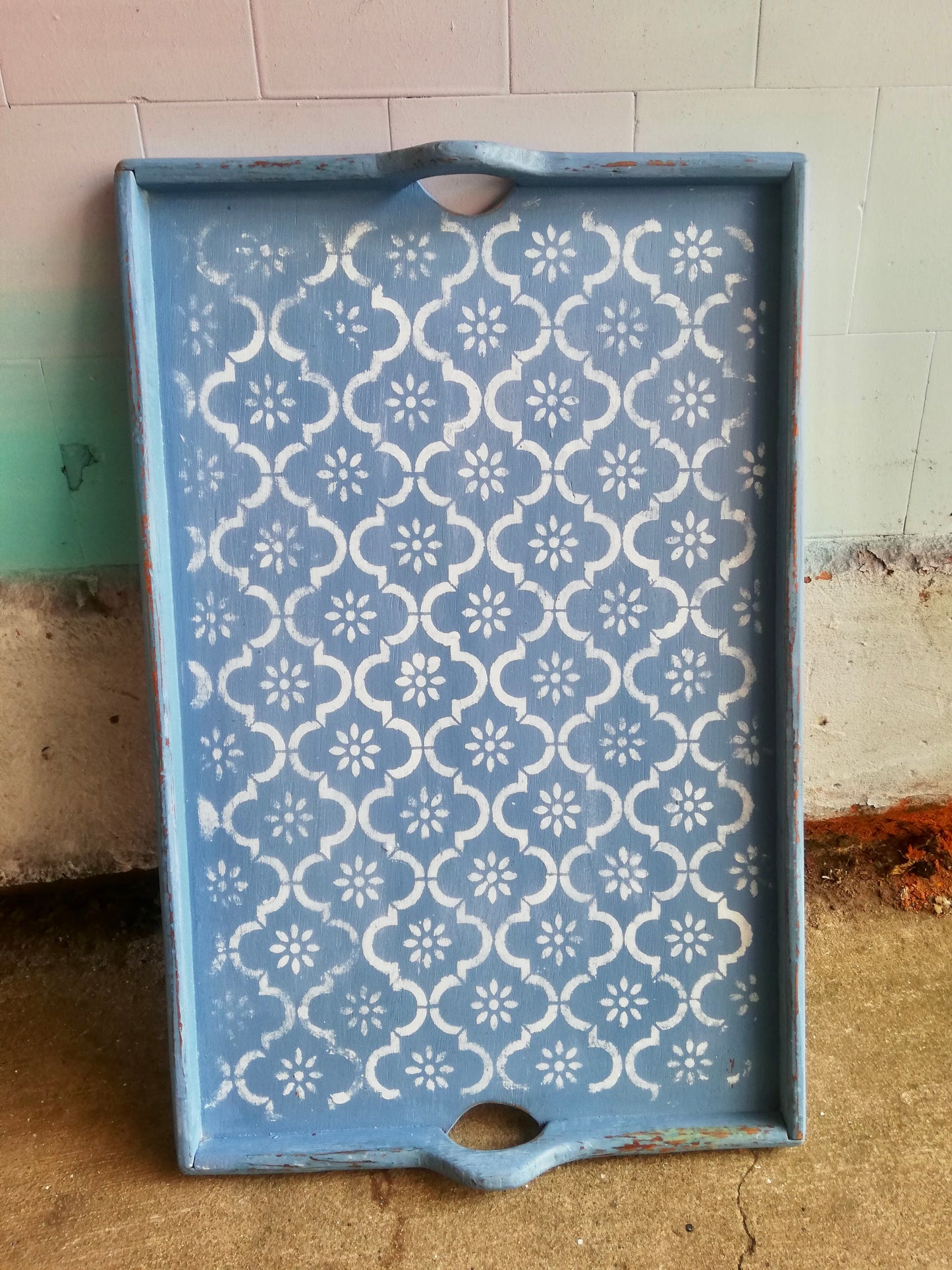 Big solid wooden serving tray hand painted in blue and white
