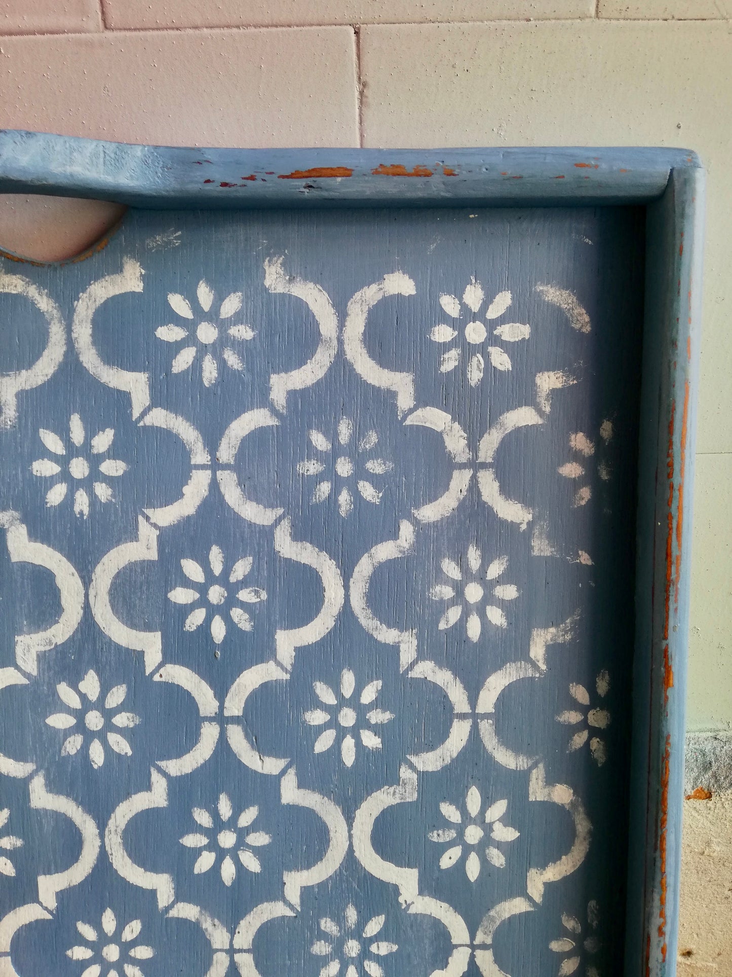 Big solid wooden serving tray hand painted in blue and white