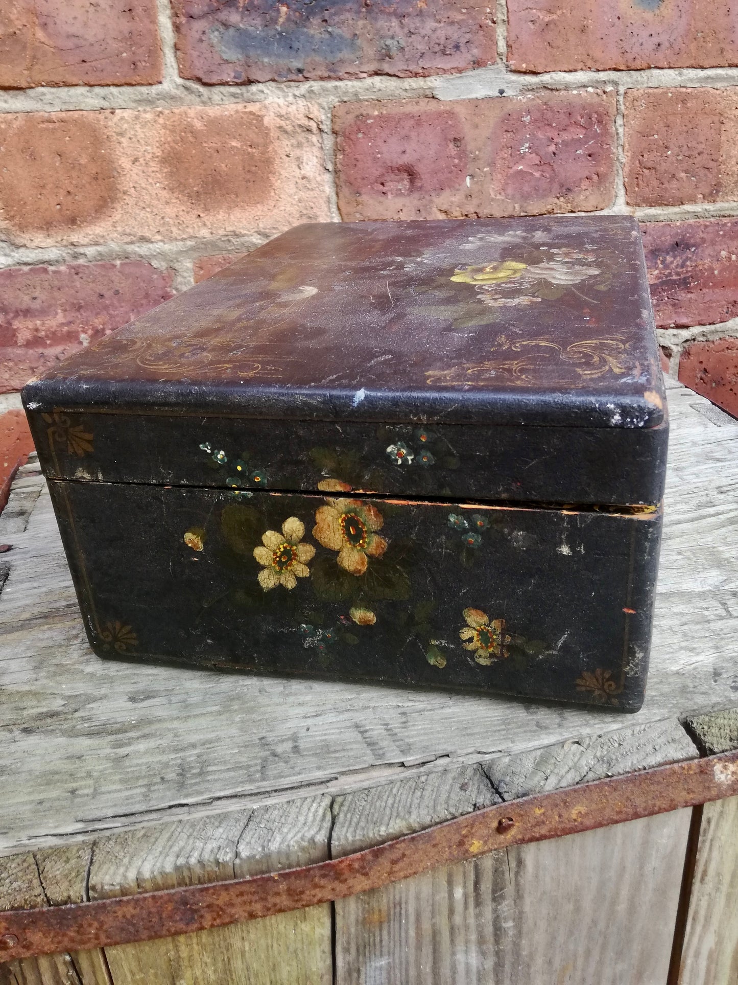 Vintage black hand painted wooden box with birds and flowers